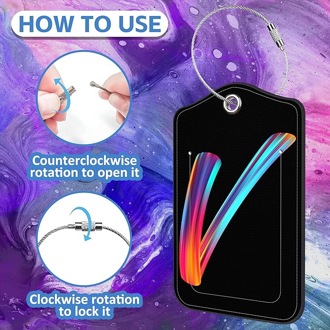 Luggage Tags for Suitcase,2 Pack Neon Colorful Letters Luggage Tags,Leather Baggage Tags Identifiers with Privacy Name Address Labels and Metal Loop for Women Men Girls Travel,Letter V