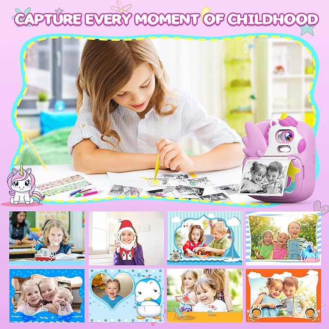 Kids Camera Instant Print, 12MP & 1080P Instant Camera for Kids with 32G Card & Print Paper, Selfie Digital Video for Toddler,Christmas Birthday Gifts for Girls Boy Age 3-12 (Purple)