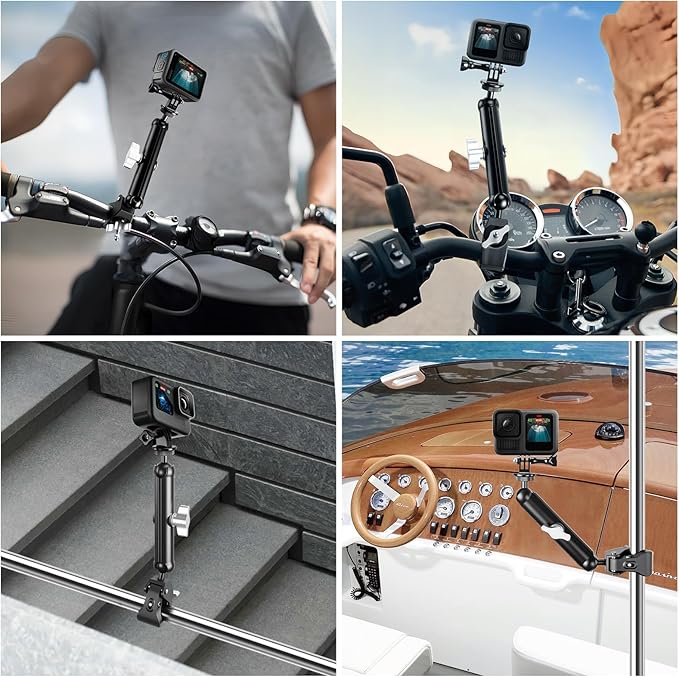 Double Super Clamp Camera/Umbrella Mount,360° Magic Long Arm Pole Clamp,Double Ball Head Adapter for Photo Studio Light Stand,Gopro,Golf Carts,Motorcycle,Cross Bars,Strollers (Black)