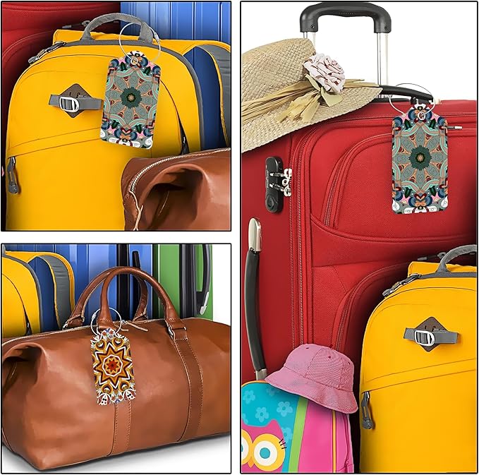 Mandela Boho Style 2 Pack PU Leather Luggage Tags for Suitcase, Travel Cruise Tags with Privacy Flap, Name ID Label and Metal Loop for Women Men Baggage Handbag School Bag Backpack
