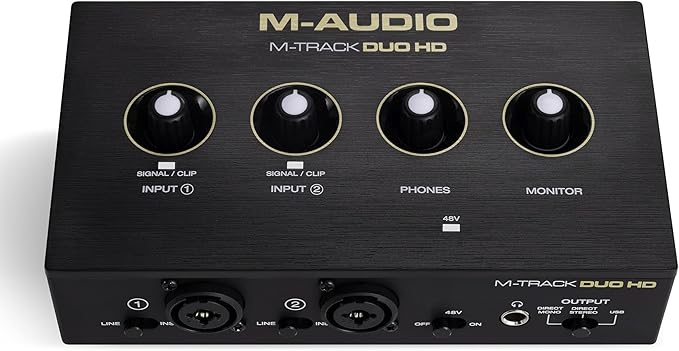 M-AUDIO M-Track Duo HD Audio Interface, M100 Condenser Microphone and HDH41 Studio Monitoring Headphones for Recording, Producers, Content Creators and Podcasters