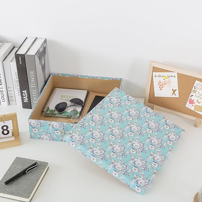 Soul & Lane Photo Storage Box with Lid, 14.8 × 13.0 × 3.7 Inches, Floral Keepsake Memory Organizer, Cardboard Storage for Photo Albums, Scrapbooks, Artwork, Stationary, Memorabilia, Blue Cottage