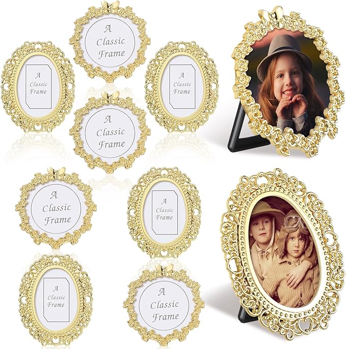 Qunclay 8 Pcs One-inch Mini Vintage Picture Frame Tiny Metal Picture Frames Antique Mini Photo Frame Wallet for Christmas Tabletop and Wall Display Old Fashioned Photo Gallery Art Decor