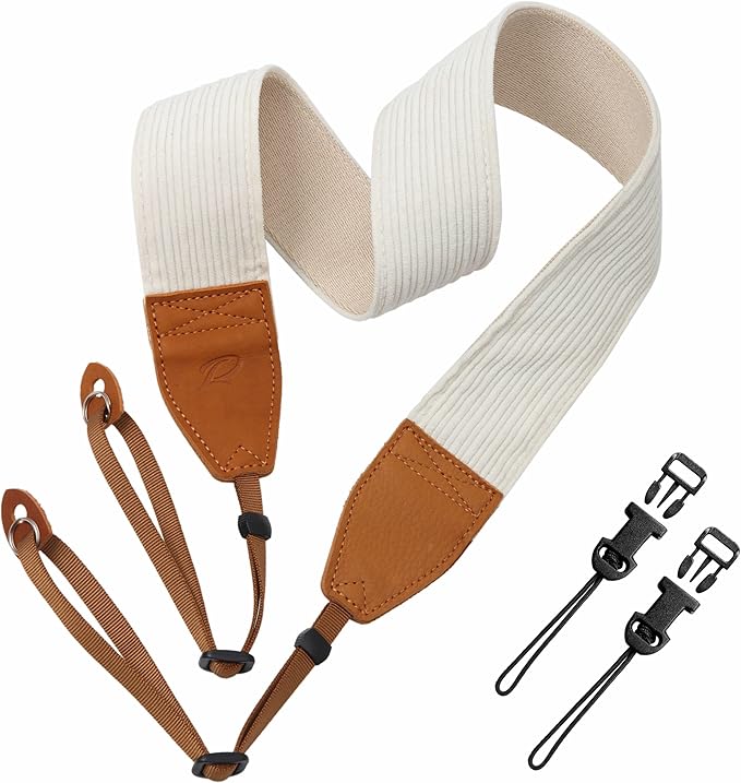 Padwa Lifestyle Corduroy Camera Strap - 2" Double Layer Full Grain Cowhide Leather Head Camera Straps for Photographers, Unique Soft Corduroy Fabric with Quick Release fits all Cameras(White)