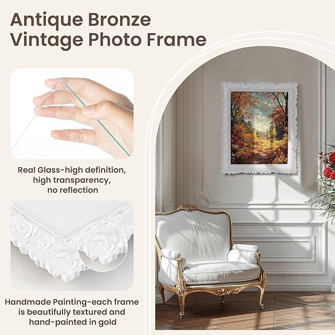 Axeman Vintage Picture Frames 5x7 | 5 x 7 Antique Picture Frame with Real Glass | Ornate Rose 5x7 Frame for Wall & Tabletop Display | Retro 5 by 7 Frame - White
