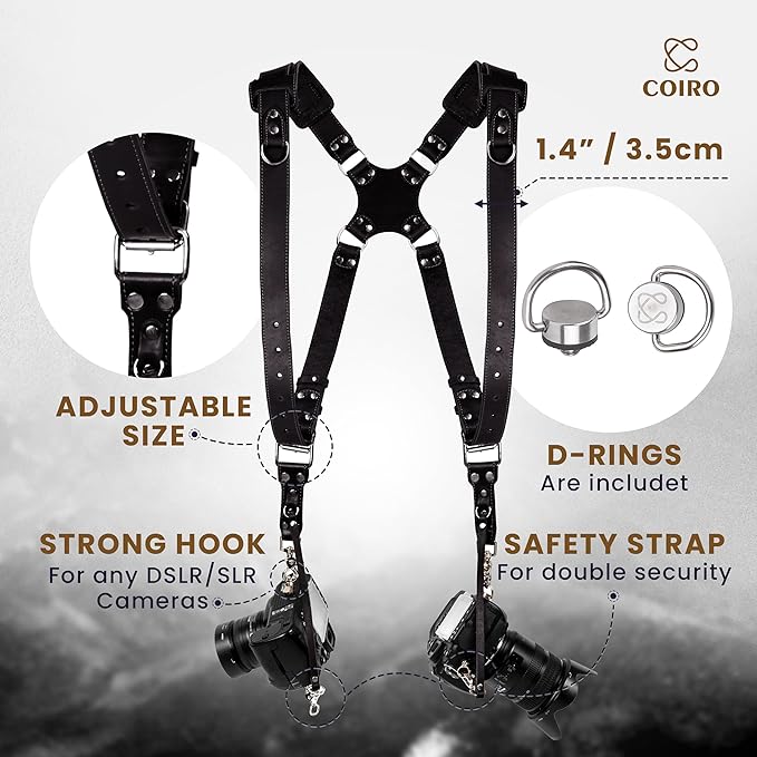 C Coiro Camera Harness for 2 Cameras Dual Shoulder Leather Camera Strap for DSLR/SLR, Camera Straps for Photographers
