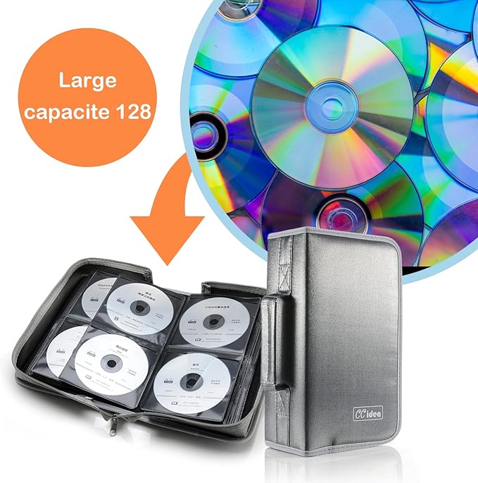 CCidea CD Case DVD Storage Holder, 128 Capacity DVD Cases Organizer CD Plastic Protective Carrying Binder,Portable Cd Wallet for Home Travel (Gray)