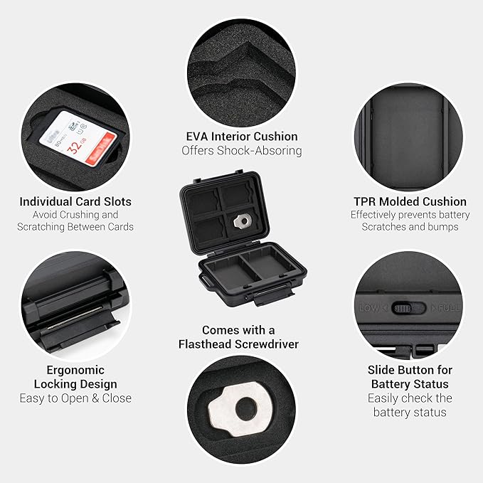 JJC Portable Camera Battery Memory Card Storage Case for 4 SD Card,3 CFexpress Type-A Cards,2 Camera Batteries, Compact Cameras Battery Holder Box for Sony NP-FZ100 NP-FW50