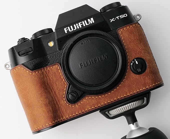 Handmade Genuine Leather Camera Half Case for Fujifilm X-T50 - Top Layer Cowhide Body + Metal Base Plate - Hand Shank Free Design (Yellowish Brown)