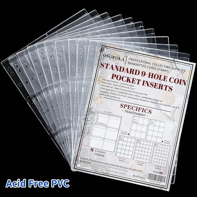60 Pockets Coin Binder Pages - 3.8×3.2 inch Holders 10 pcs Loose-Leaf Sheets Acid-Free Collection Holders for Medallion Coin Stamp Currency Collecting Supplies 97x82 mm / 3.82x3.23 inch CS03206