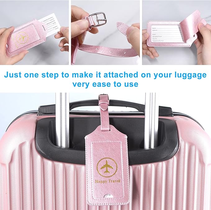 ACdream Luggage Tags 2 Pack, Leather Suitcase Tags Identifiers, Cute Cruise ID Labels with Privacy Cover fits on Backpack, Travel Bag, for Women, Men, Adults, Kids, Rose Gold