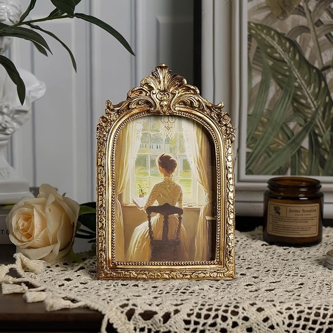 Cuspin 4x6 Picture Frame Arched Vintage Frame, Gold Ornate Resin Frames with Plexiglass Front for Wall Mounting and Tabletop Display, Antique Photo Frame Retro Home Decor