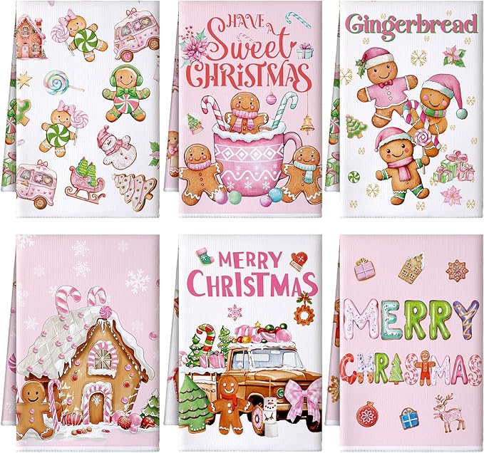 Preboun 6 Pcs Merry Christmas Kitchen Towels Gingerbread Decorative Hand Towels Sweet Cute Pink Dish Cloth Farmhouse Xmas Tea Cloth Kitchen Accessories Bathroom Decor