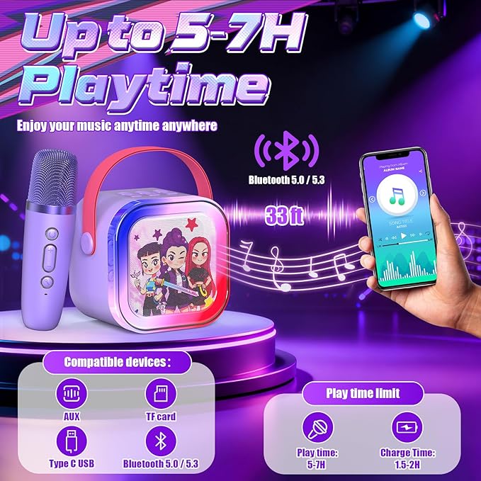 Mini Karaoke Machine for Kids,5 Voice Effects - Portable Bluetooth Speaker with 2 Wireless Mics LED Lights for Boys Girls Ages 3-12| Kids Karaoke Machine Birthday Gift Toy for Singing,Party & Play