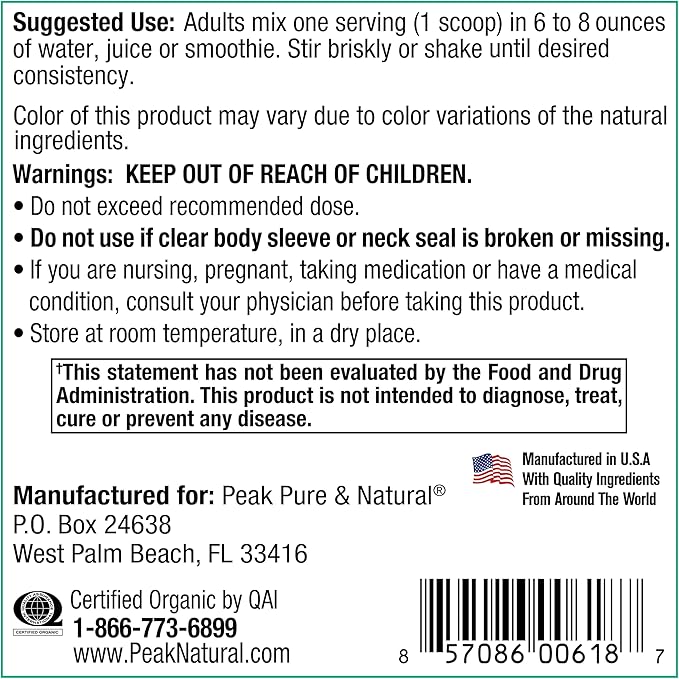Peak Pure & Natural Peak Greens Support pH Balance and Alkalinity | Superfood Green Drink Powder | Blend of Fermented Grass, Vegetable, & Fruit | Digestive Enzyme & Probiotic Powder