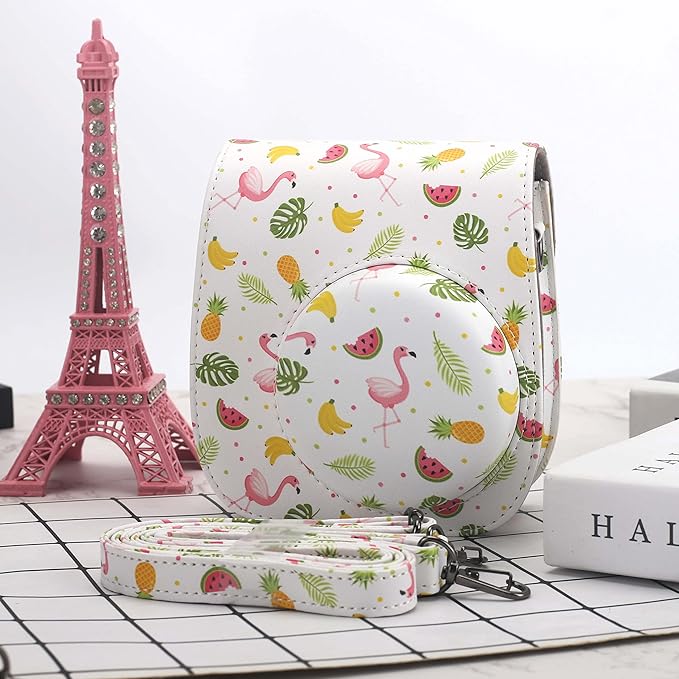 Frankmate Protective Case Compatible with Fujifilm Instax Mini 12 11 9 8 Instant Film Camera with Pocket and Adjustable Strap (Fruit Flamingo)