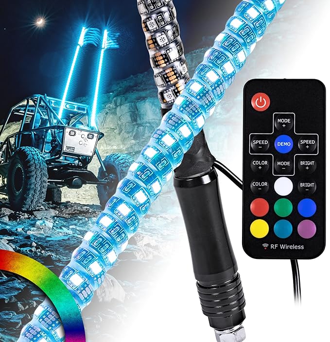 True Mods 2pc 2ft Spiral RGB LED Whip Light for UTV ATV [RF Wireless Remote] Flag Waterproof LED Lighted Whip CB Antenna Pole Stick for RZR Can-Am Polaris SxS 4x4 Quad Dune Buggy 4 Wheeler Accessories