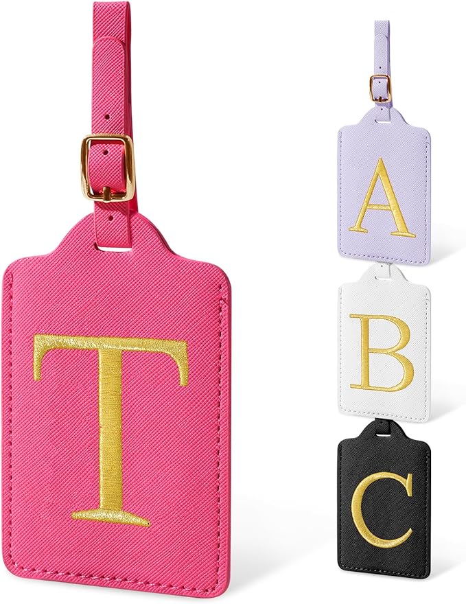 Initial Letter Luggage Tag for Suitcase, Cute Luggage Bag, Waterproof PU Leather Travel Luggage Tag, Suitcase Identifier Name Tag, Monogrammed Suitcases Tags, Bag Tags for Handbags(Rosered T)
