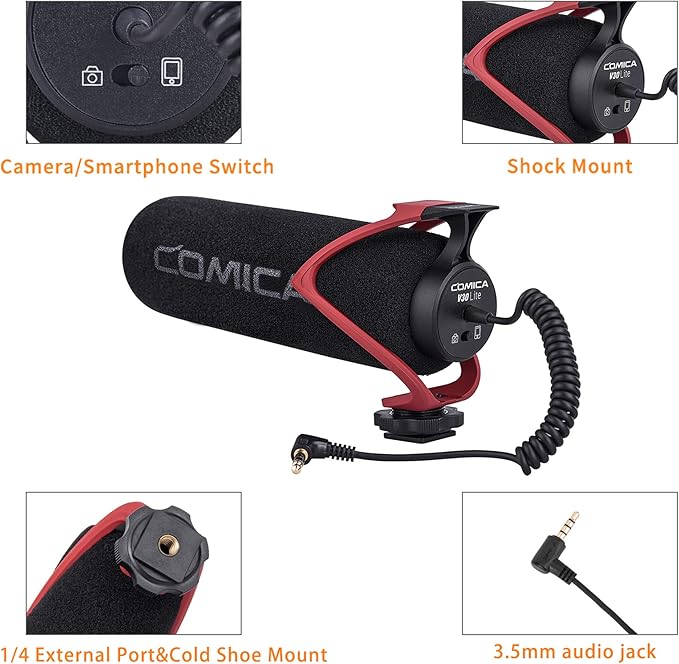 COMICA CVM-V30 LITE Video Microphone,Super-Cardioid Condenser On-Camera Shotgun Microphone for Canon Nikon Sony Panasonic DSLR Cameras,Mic for iPhone Android Smartphone with 3.5mm Jack(Red)