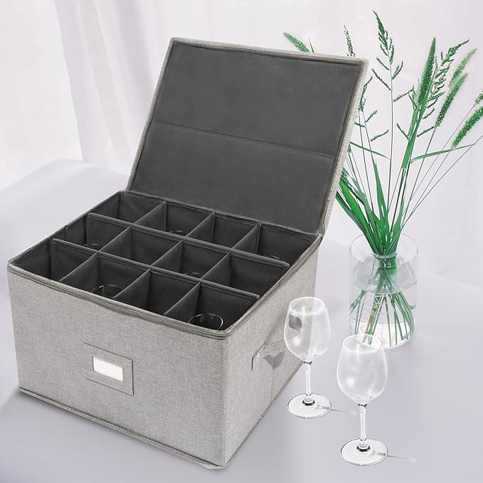 popoly Stemware Storage Cases, Wine Glass Storage Box Containers with Dividers, Stackable China Storage Containers for 12 Wine Glasses, Drinkware, Glassware or Crystal (Light Grey)