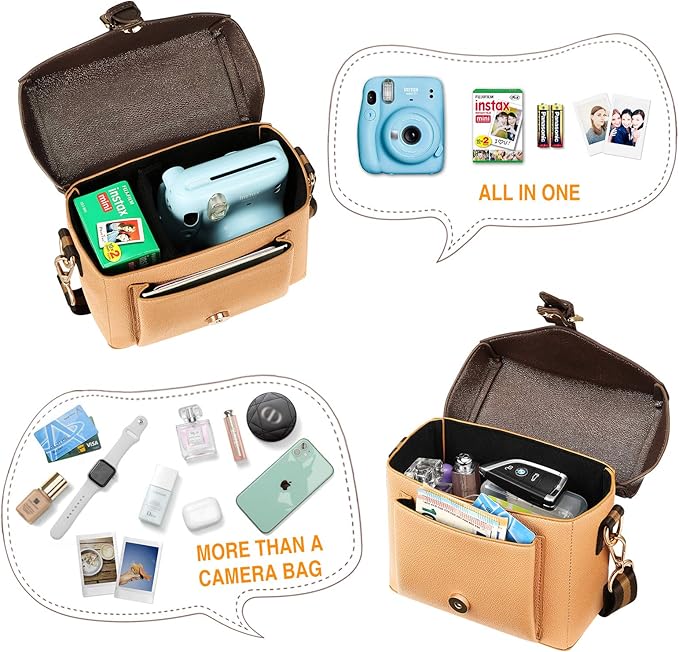 FINPAC Protective Case Leather Crossbody Handbag for Fujifilm Instax Mini 12/11/9/8+/8/90/70/40/26+/25/7s/Mini LiPlay/Square SQ1/SQ6/SQ40 Polaroid PIC-300 Instant Camera with Film Pack Pocket, Brown
