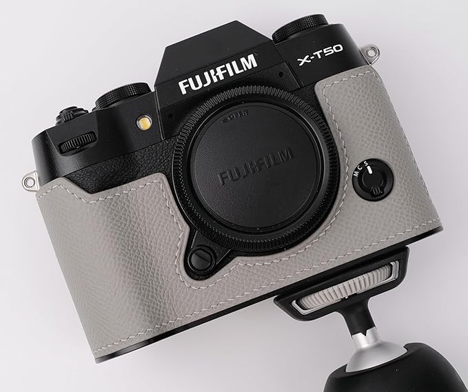 Handmade Genuine Leather Camera Half Case for Fujifilm X-T50 - Top Layer Cowhide Body + Metal Base Plate - Hand Shank Free Design (Gris Mouette)