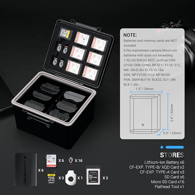 LP-E6 EN-EL15C NP-W235 FZ100 Camera Battery and Memory Card Case with Labels,DSLR SLR Battery Organizer Storage for 16 Micro SD 6 SD 3 CF Express Type A and 2 XQD/CF Cards,Water-Resistant & Shockproof
