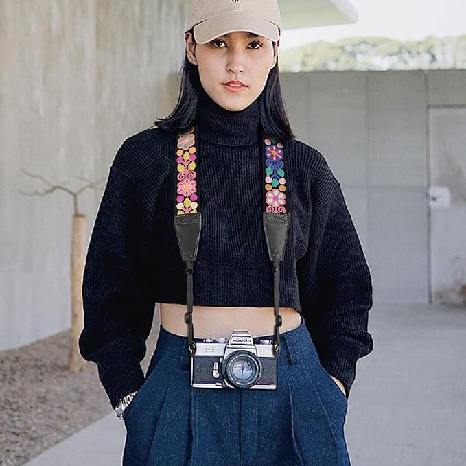 Padwa Lifestyle Colorful Crochet Camera Strap - 2" Full Grain Leather Ends Camera Straps for Photographers, Vintage Woven Cotton Soft Suede Fabric Padded Strap with Quick Release fits All Cameras