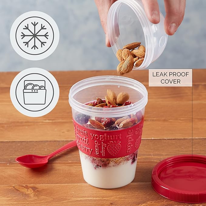 Crystalia 4 Pack 20 oz On The Go Yogurt Parfait Cups with Lids & Spoons, Overnight Oats Containers/Jars, Oatmeal Container to Go with Topping for Cereal, Milk, Yogurt, and Fruit Salad Storage (Large)