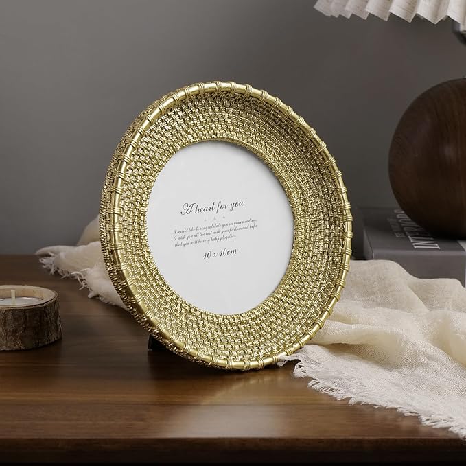 Cuspin Vintage Gold Picture Frame 6x6 Round Frame, Rattan Textured Hand-Crafted Resin Photo Frame with Glass Front, 6 inch Circle Frame for Tabletop Display & Wall Hanging, Retro Design Home Decor