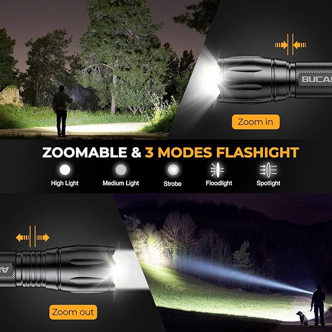 3 Pack Rechargeable Flashlights High Lumens, Brighter Small Flashlight Powerful Tactical Flashlights Rechargeable, Waterproof LED Flashlight with 3 Modes Zoomable for Camping Emergency