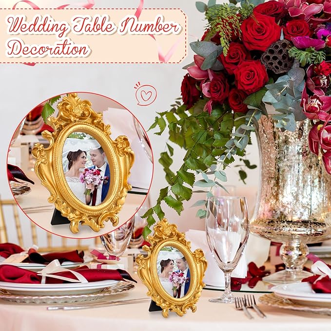 Maitys 60 Pcs Mini Picture Vintage Frames with Stands Tiny Antique Photo Baroque Ornate Resin Oval Frame Table Top Display Home Wedding Decor (Gold)