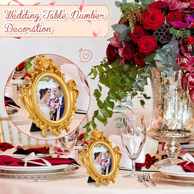 Maitys 40 Pcs Mini Picture Vintage Frames with Stands Tiny Antique Photo Baroque Ornate Resin Oval Frame Table Top Display Home Wedding Decor (Gold)
