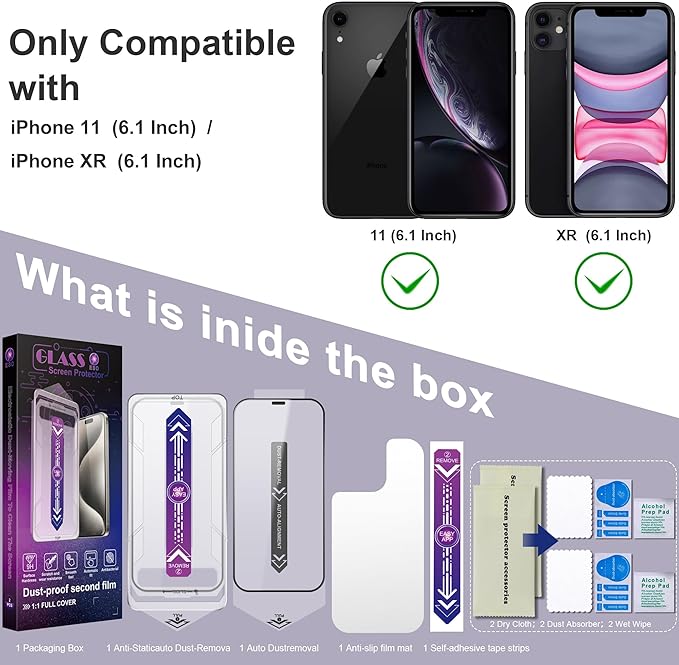 CHRYSHA 2 Pack Screen Protector for iPhone 11 / iPhon XR, 9H Tempered Glass, Full Coverage, Anti-Fingerprint, Auto Dust-Elimination, No Bubble, Easy Installation