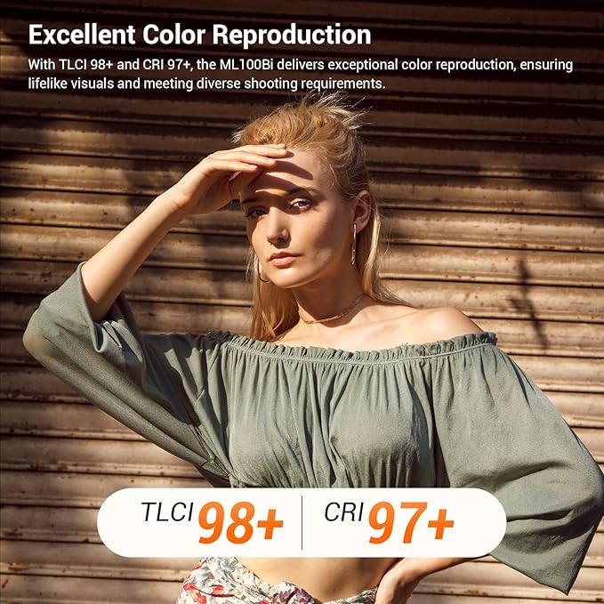 Godox ML100Bi 100W Portable LED Video Light,CRI 97+/TLCI 98+,0%-100% Brightness& Bi-Color COB Continuous Output Lighting 2800-6500K,11 FX Lighting Effects,App Control Mini Photography Light