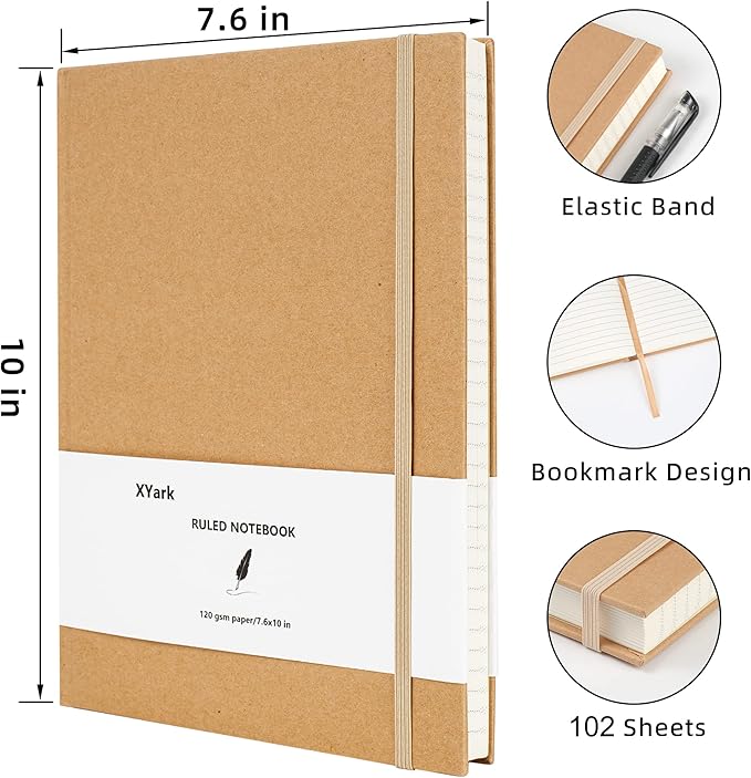 XYark Large B5 Line Notebook Journals, College Ruled Kraft Hardcover Sketchbook Subject Composition Notebooks with Lined Paper, 2 Pack, 120GSM, 102 Sheets, 7.6x10 inch, Travel Journal Set
