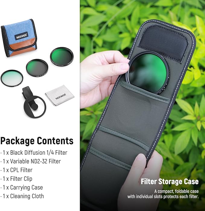 NEEWER 67mm Variable ND Filter Set Compatible with iPhone, 3 Pack Clip On CPL Circular Polarizing + ND2-32 + Black Diffusion 1/4 Phone Camera Lens Filter Photography Accessories Kit, FL-B37