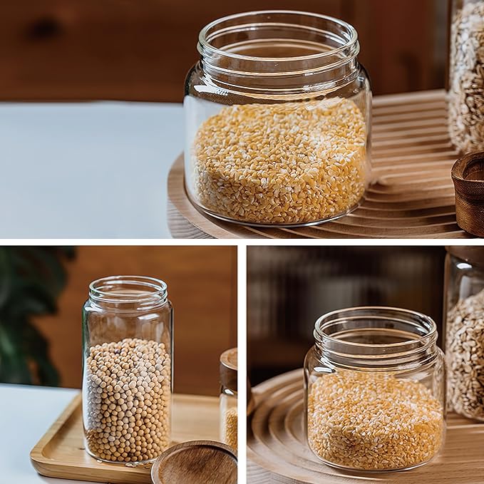 MOLADRI 3 Pack 17 fl oz/500ml Clear Glass Storage Canister with Airtight Wooden Screw On Lid, Small Cute Decorative Glass Container Jar Set for Coffee, Candy, Cookie, Condiment, Pepper, Sugar, Oatmeal