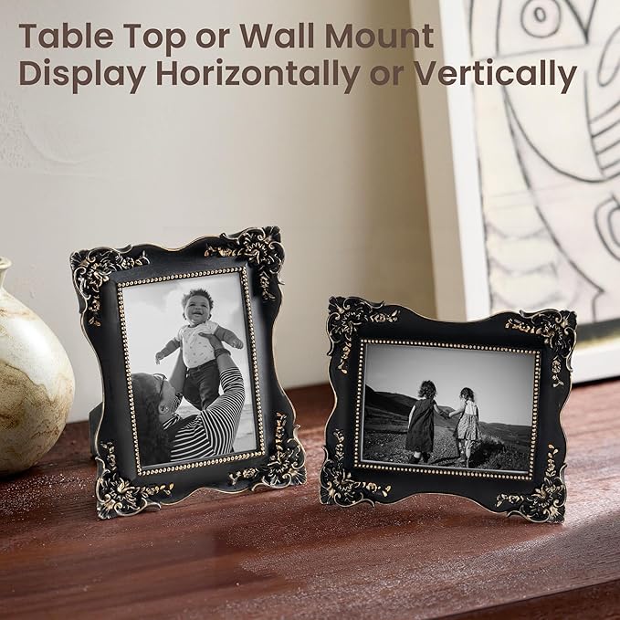 Axeman Vintage Picture Frames 5x7 | 5 x 7 Antique Picture Frame with Real Glass | Ornate 5x7 Picture Frame for Wall & Tabletop Display | Retro Black Gold 5 x 7 Photo Frame - Black