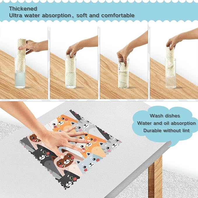 CaTaKu Cute Cats Microfiber Reusable Cleaning Cloths Kitchen Dish Cloths Dish Rags for Washing Dishes, Animal Dish Towels Washcloths for Kitchen Drying, 6 Pack