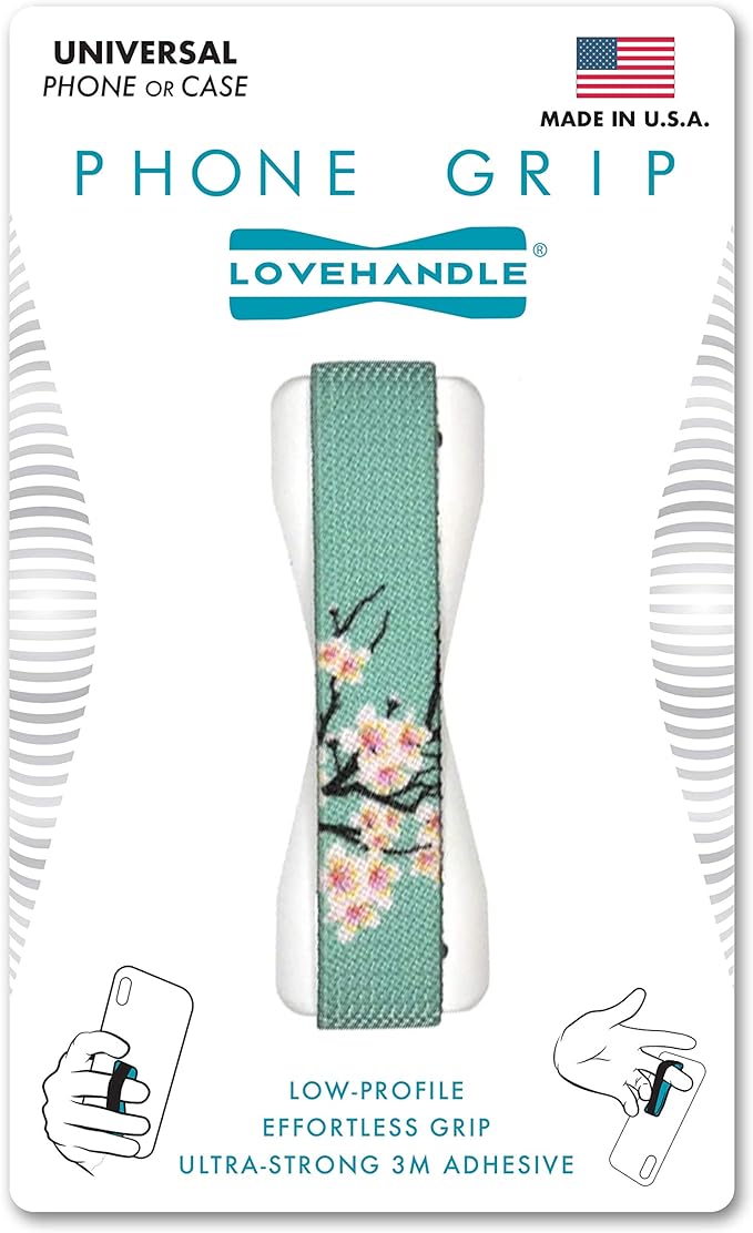 LOVEHANDLE Universal Phone Grip for Smartphones & Mini Tablets - Phone Holder for Hand - Wireless Charging Compatible - Made in The USA - Cherry Blossom