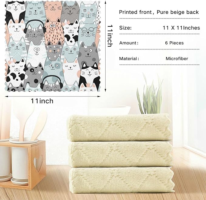 CaTaKu Cute Cat Funny Kitchen Cloths, Reusable Dish Rags for Washing, Microfiber Cleaning Cloths Dish Towels Washcloths for Kitchen Drying, 6 Pack