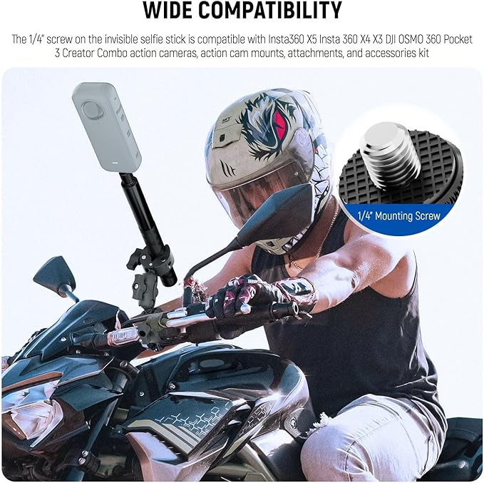 NEEWER Basics Motorcycle Bike Mount Accessories Kit, Invisible Selfie Stick Bicycle Handlebar Clamp Holder Compatible with Insta360 DJI OSMO 360 Pocket 3 Action Cameras for POV Video Recording, GP-32