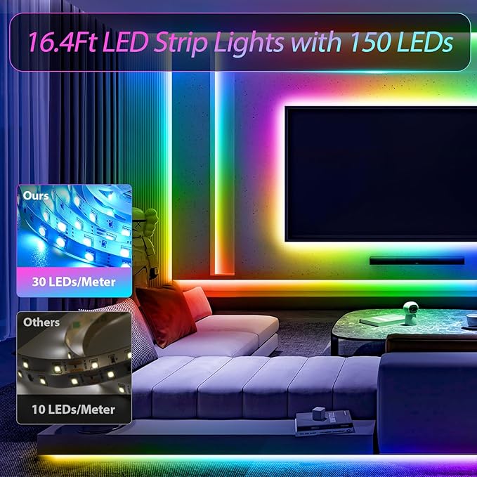 HOUHUI LED Strip Lights, 16.4Ft 150LEDs RGB LED Lights for 32-75 Inch TV Behind,Music Sync App Control TV LED Strip with Remote,USB Plug-in Bias LED Strips Lights for Bedroom Game Cabinet Desk Shelf
