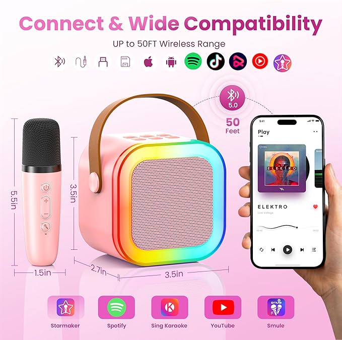 Karaoke Machine for Kids Adults, Portable Bluetooth Mini Karaoke Microphone Singing Speaker with 2 Mic and Light,Toys for All Smartphones,Birthday, Family,Home Party (Pink)
