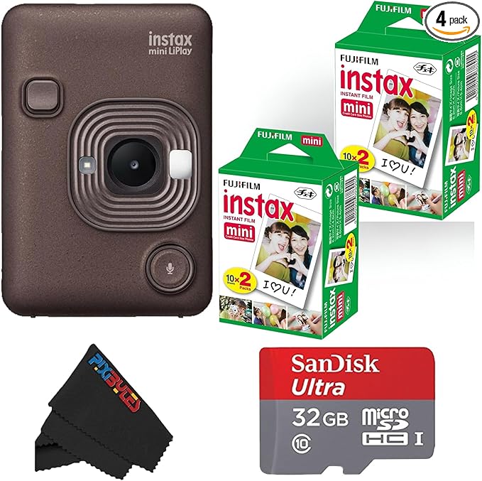 Fujifilm Mini LiPlay Hybrid Instant Camera with Mini Film, 32GB microSD Card, Charging Cable, Hand Strap and Pixibytes Microfiber Cleaning Cloth... (Deep Bronze + 40 Sheets)