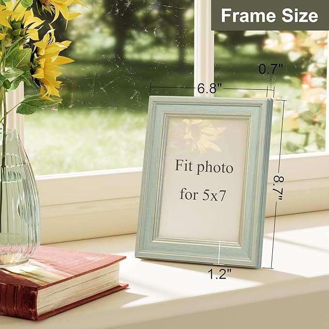 Vittanly 5x7 Picture Frame Set of 4, Vintage Photo Frame for Wall or Tabletop, Display 5x7 Pictures, Rustic Farmhouse Home Decor, Light Green