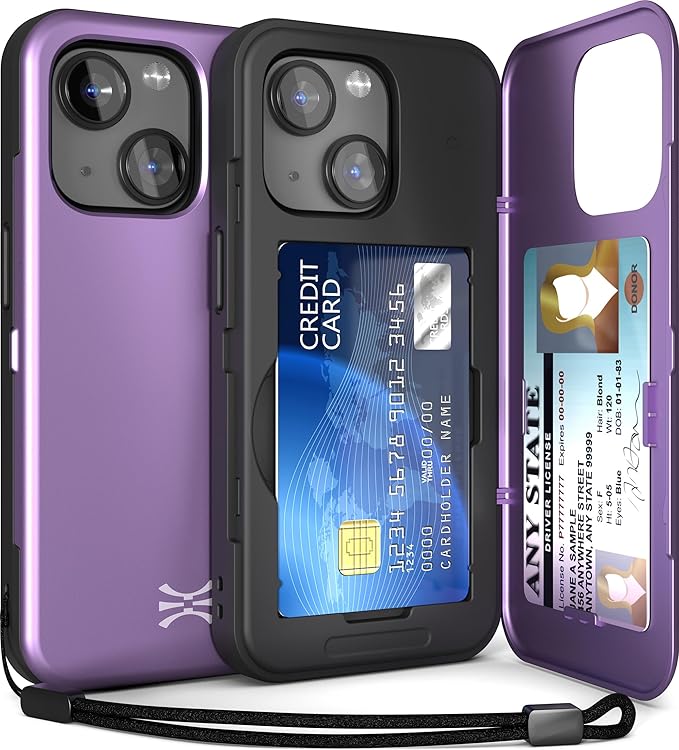 TORU for iPhone 15 Wallet Case with Card Holder, Hidden ID Credit Card Slot Flip Kickstand, Slim Fit Shockproof Heavy Duty Phone Cover with Strap - Purple