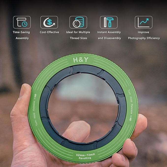 H&Y RevoRing Adjustable Step Up Ring 52-72mm to 77mm, Variable Lens Filter Adapter Ring, Universal Stepping System fits 52 55 58 62 67 72mm, Vintage Green