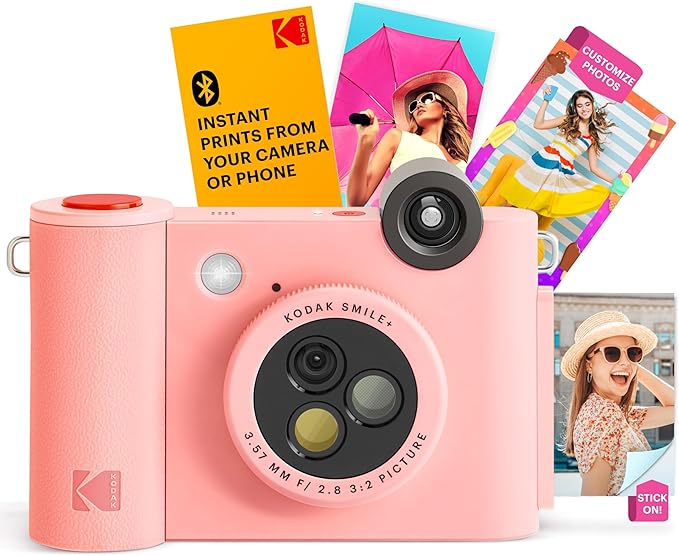 Kodak Smile+ 2-in-1 Digital Instant Print Camera & Wireless Bluetooth Photo Printer - 10MP, Special-Effect Rotating Lens, Zink 2x3” Sticky-Back Photos, Print via Fun App from Smart Devices - Pink